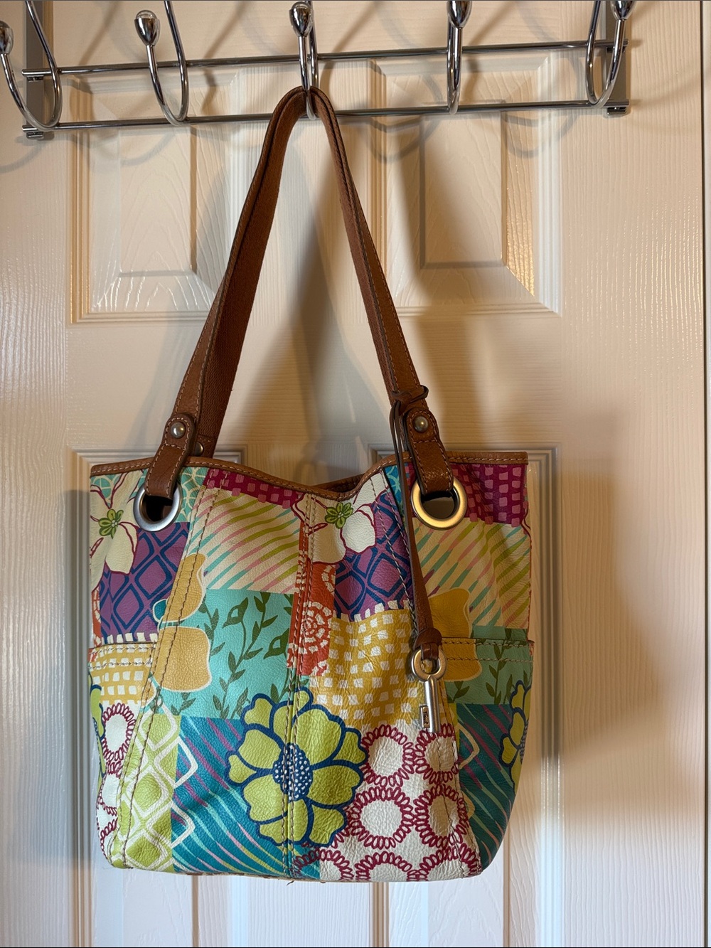 Fossil Colorful Patchwork Floral Tote Bag with Brown Handles and key